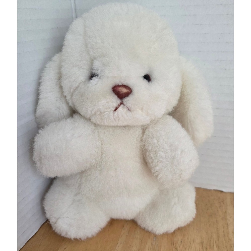 Vintage 1982 Gund Smooch White Puppy Dog Plush Stuffed Baby Rattle Toys 7 inch